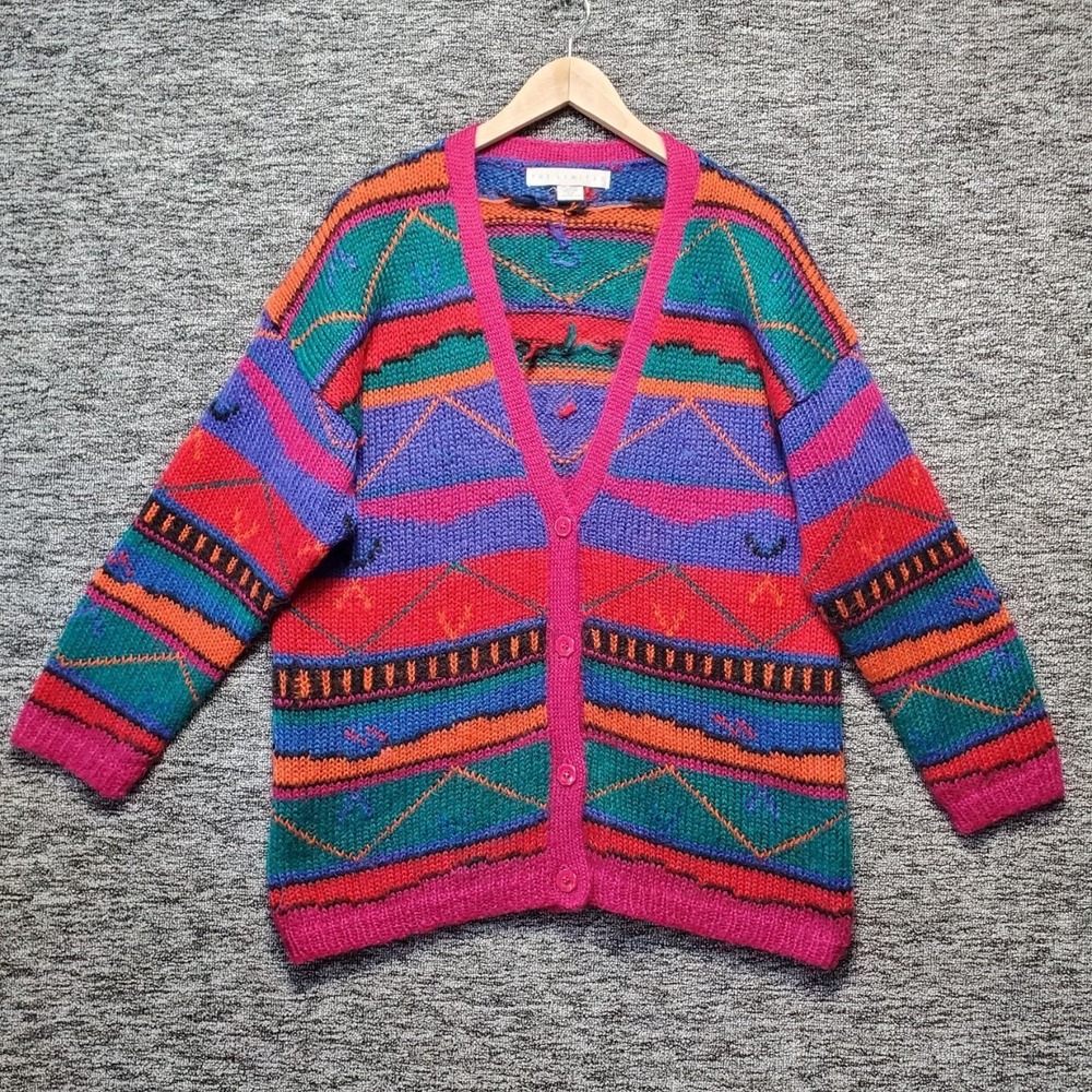 VTG The Limited Mohair Cardigan Sweater Womens PS Pink Geometric Fair Isle 80s